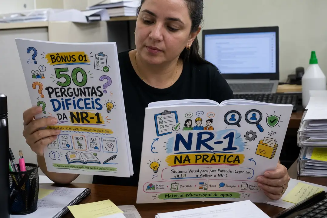 Profissional em escritório segurando páginas de dúvidas frequentes e checklist do kit NR-1 na Prática